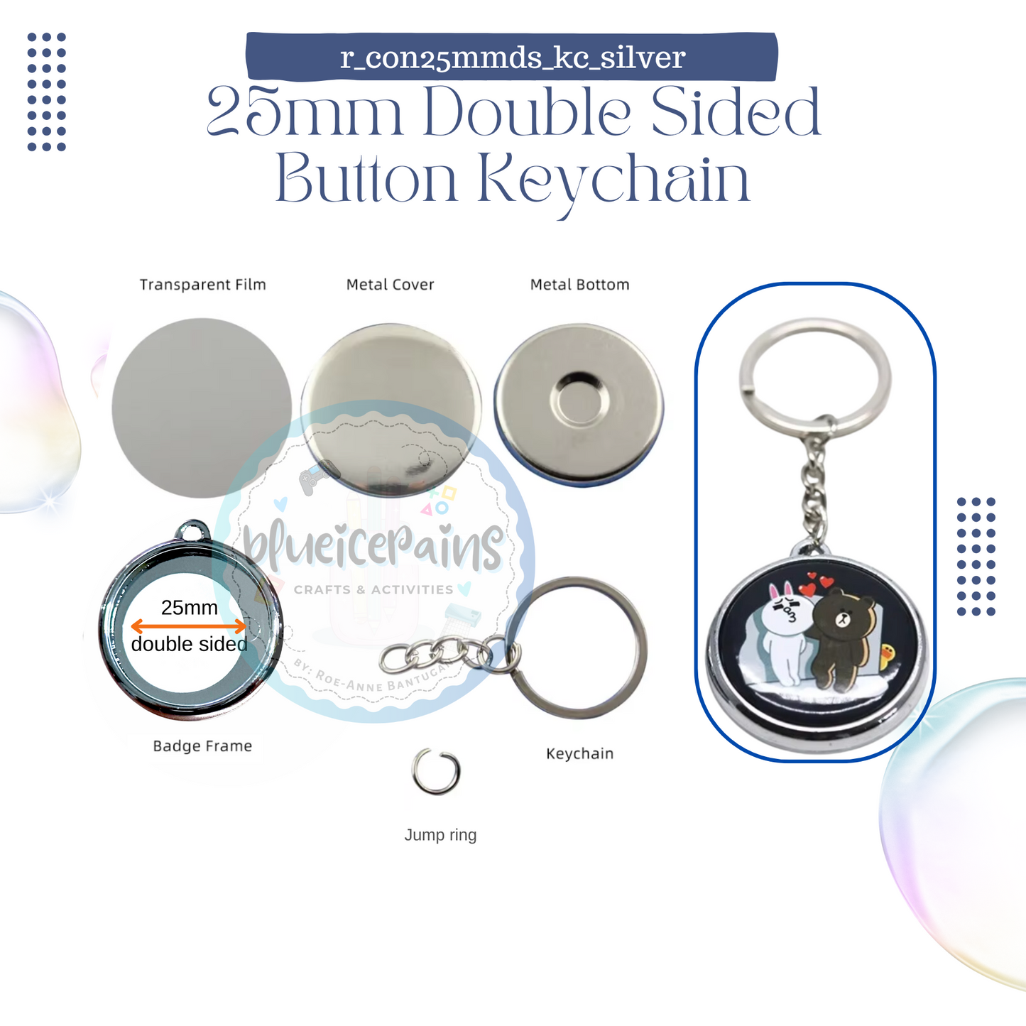 Double Sided Round Button Keychain - Silver