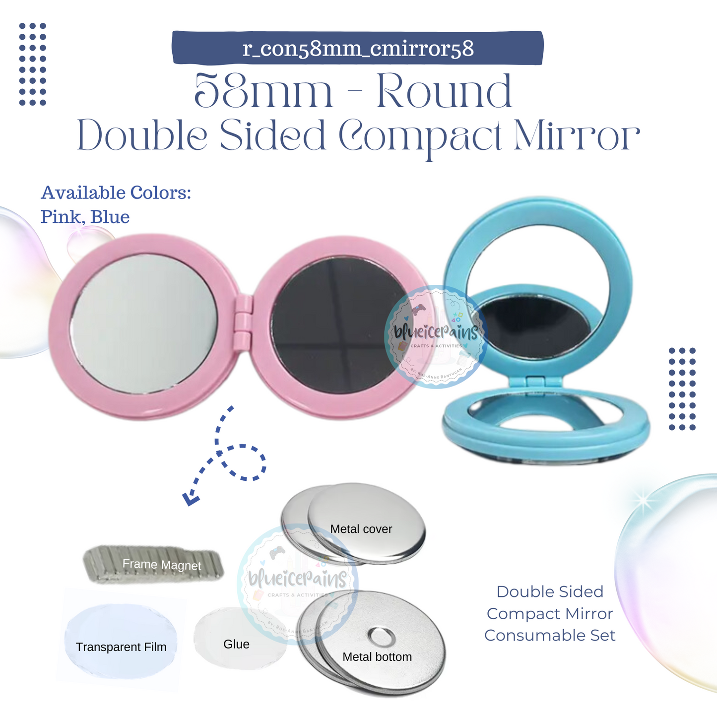 58mm Round Button Consumables - Double Sided Compact Mirror [ONHAND]