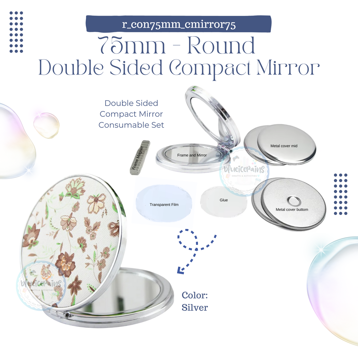 75mm Round Button Consumables - Double Sided Compact Mirror [ONHAND]