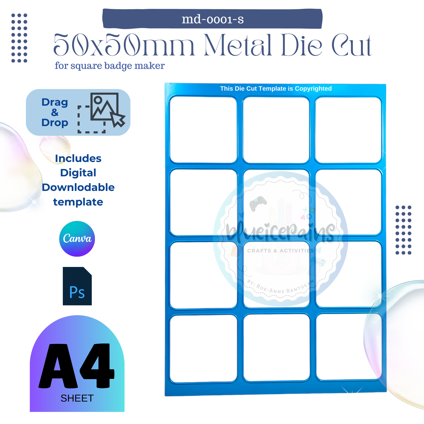 Square Badge Metal Die Cut - A4 [50x50mm]